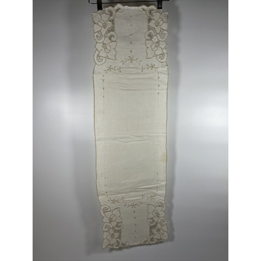 Vintage 1940s 50s Linen Textile Cut Work Dresser Scarf 38" x11" Ecru